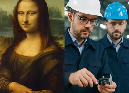 Composite image showing the Mona Lisa next to industrial technicians using a digital caliper during quality inspection — symbolizing the Detail Effect in modern quality control processes.